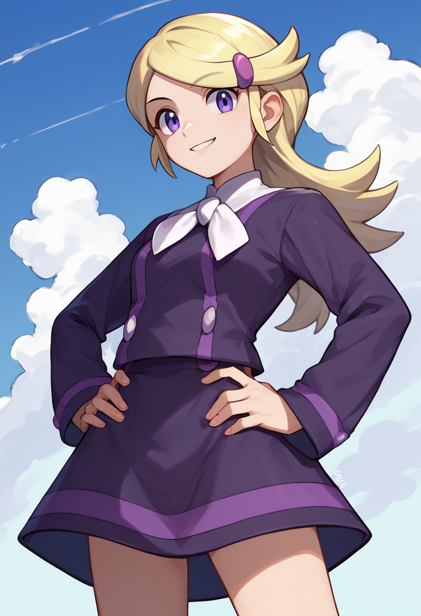 score_9, score_8_up, score_7_up, source_anime, solo, 1girl, pokemonastrid, smile, looking at viewer, hands on own hips, hairclip, purple shirt, white ascot, long sleeves, purple skirt, blue sky, cloud <lora:pokemon_acetrainerxy_ponyXL:1>