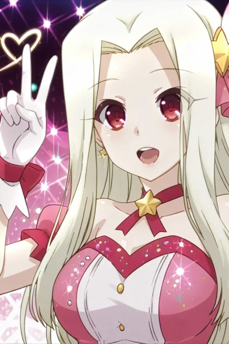 detailed background, shiny skin, posing,
heart, bloom, glitter, sparkle,
<lora:prisma.il:1>,
prisma,
iri, 
idol costume, upper body, open mouth, peace,