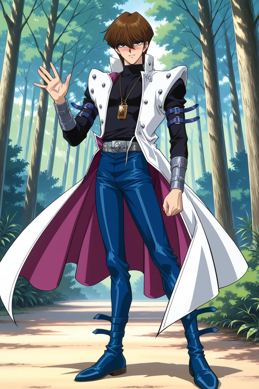 masterpiece,best quality,amazing quality, SetoKaibaYGOILXL, retro artstyle, 1boy, blue eyes, brown hair, short hair, hair between eyes, pectorals, turtleneck, white coat, open coat, black shirt, long sleeves, arm belt, necklace, guantlets, grey belt, blue pants, blue shoes, solo, full body, standing, waving, seductive smile, looking at viewer, naughty face, nose blush, forest, tree <lora:SetoKaibaYGOILXL:1>