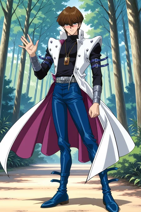 masterpiece,best quality,amazing quality, SetoKaibaYGOILXL, retro artstyle, 1boy, blue eyes, brown hair, short hair, hair between eyes, pectorals, turtleneck, white coat, open coat, black shirt, long sleeves, arm belt, necklace, guantlets, grey belt, blue pants, blue shoes, solo, full body, standing, waving, seductive smile, looking at viewer, naughty face, nose blush, forest, tree <lora:SetoKaibaYGOILXL:1>