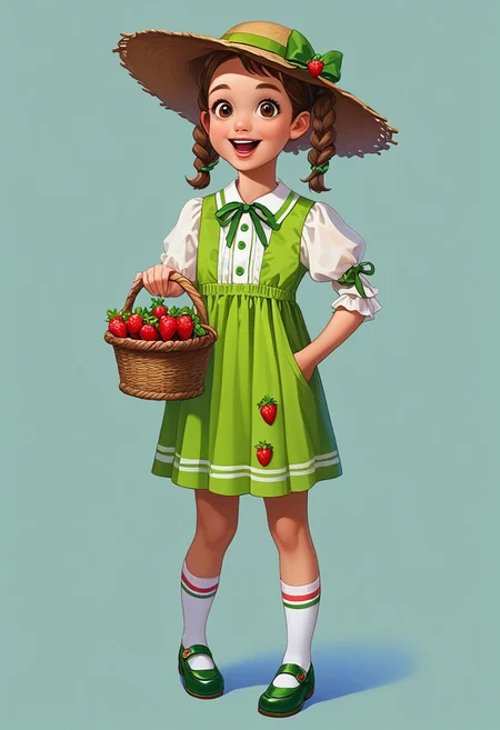 score_9, score_8_up, score_7_up, mgas, masterpiece, best quality, detailed eyes, detailed face, perfect eyes, high detailed, absurdres, highres, casual game art, mobile game art, merge 3 game art, character design, BREAK 1girl, kid, child, little girl, solo, pretty, smile, open mouth, teeth, medium hair with two pigtails, pigtail secured with a green elastic band at the end, bangs, large brown eyes, light brown straw hat with a green ribbon and bow, white blouse with elbow-length sleeves, green knee-length dress, strawberry badge on the right side of the chest, green shoes, white socks, BREAK the left hand holds a yellow basket with strawberries, the left arm is bent at the elbow, the left hand is holding the hat, knees inside, clubfoot, standing, full body shot, semi-sideways, half-sideways, looking at viewer, BREAK simple background, gray background, single strawberry on the floor