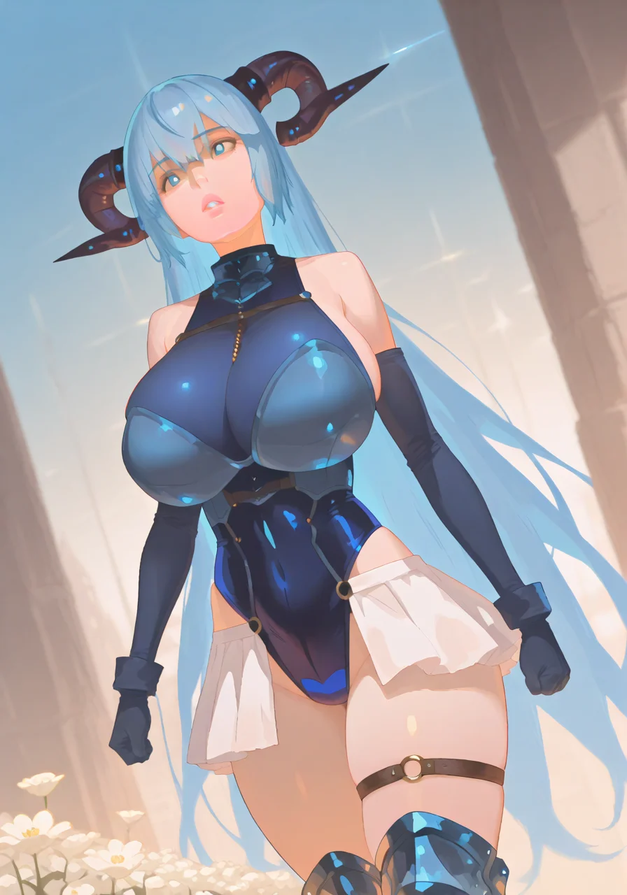 1girl, armor, armored leotard, blue hair, blue leotard, breasts, chain, clenched hand, elbow gloves, flower, gloves, greaves, head tilt, horns, huge breasts, leotard, long hair, looking to the side, o-ring, o-ring thigh strap, parted lips, pink lips, skirt, solo, thigh strap, very long hair, walking, white flower, white skirt, BREAK character_concept, cowboy_shot, (dutch_angle:1.25), masterpiece, best quality, amazing quality, very aesthetic, absurdres, modern, recent, newest, <lora:Fate_ Grand Order - Illustrious Style_epoch_7:1> F4t360, fantasy, novel illustration, cover image