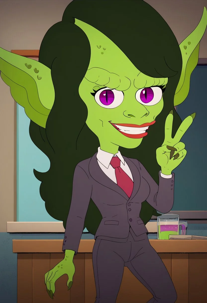 ((room background)),score_9, score_8_up, score_7_up,score_6_up,
1girl, solo, female goblin, Petra_HR, lime green skin, dark green hair, long wavy hair, vibrant purple eyes, pointy ears, claws, red lips, dark gray business suit, white undershirt, red tie, barefoot, big eyes, short stature, social smile, perfect eyes, perfect smile, looking at the viewer, detailed eyes, perfect eyes, standing, medium breasts (front pose, bust shot) five fingers, perfect hands, (hand up, v sign)