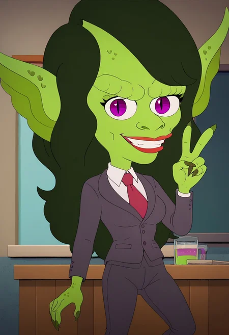((room background)),score_9, score_8_up, score_7_up,score_6_up, 
1girl, solo, female goblin, Petra_HR, lime green skin, dark green hair, long wavy hair, vibrant purple eyes, pointy ears, claws, red lips, dark gray business suit, white undershirt, red tie, barefoot, big eyes, short stature, social smile, perfect eyes, perfect smile, looking at the viewer, detailed eyes, perfect eyes, standing, medium breasts (front pose, bust shot) five fingers, perfect hands, (hand up, v sign)