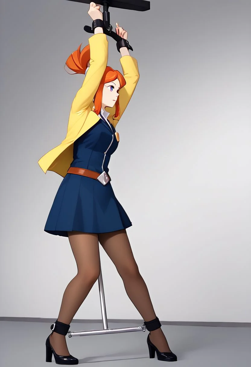 Lynne hypnotized by tv screen,
score_9, source anime, lewd, 1girl, solo,
(mind control, hypnotized), hypnotic tv screen, (Lynne looking at screen), spiral tv, Lynne facing tv,
spreaderpole, ankle cuffs, wrist cuffs, arms above head, side view,
lynne, ponytail, yellow coat, long sleeves, blue dress, brown pantyhose, badge, belt