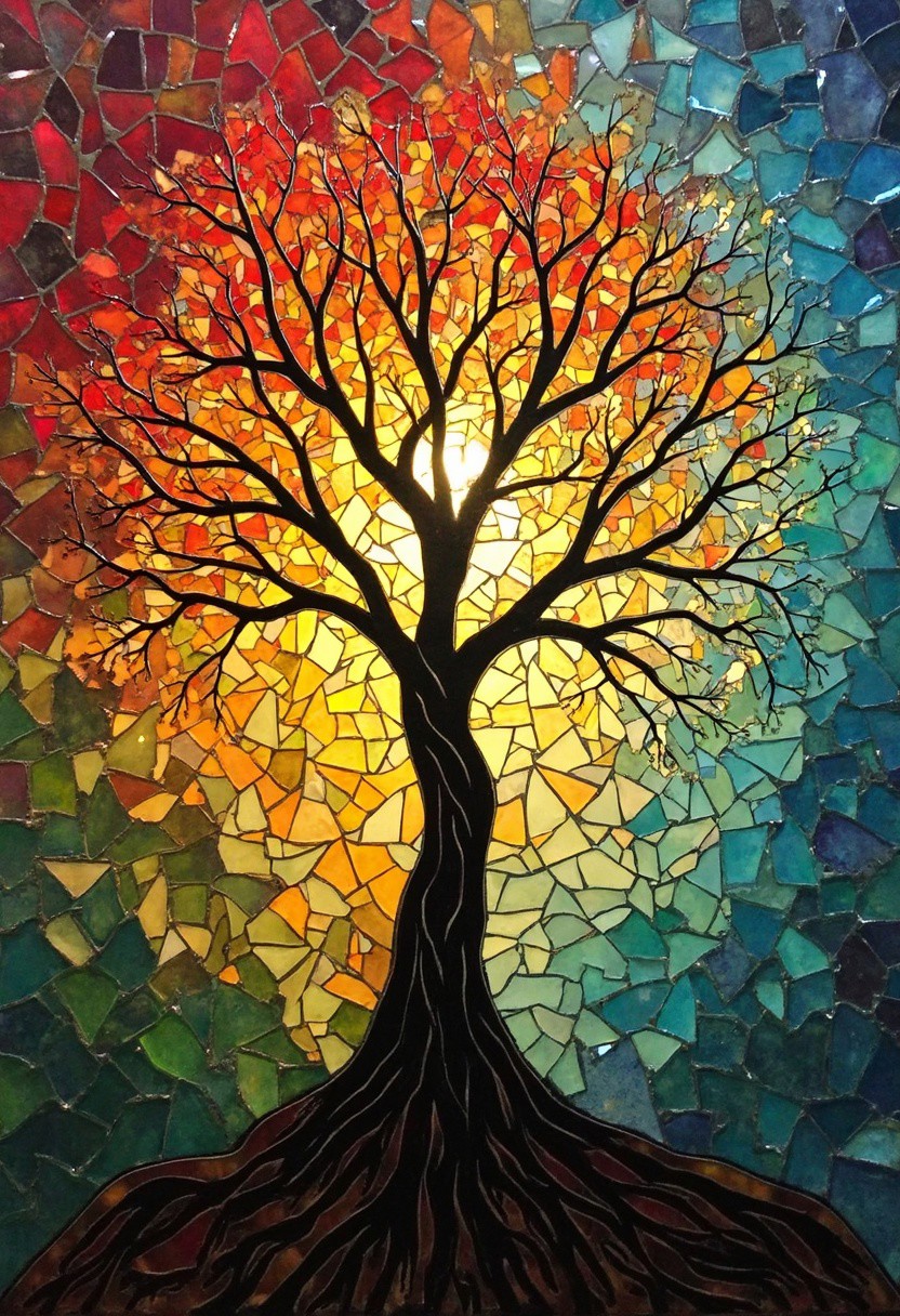 An abstract stained glass tree radiating life and energy, its roots and branches intertwining through a prism of colors. The backdrop is composed of glass-like panels that transition from warm reds and yellows near the center to calming blues and greens toward the periphery. The shards are separated by metallic outlines, creating a glowing mosaic effect. The tree itself is a stark silhouette, contrasting beautifully against the vibrant, light-filled fragments surrounding it.