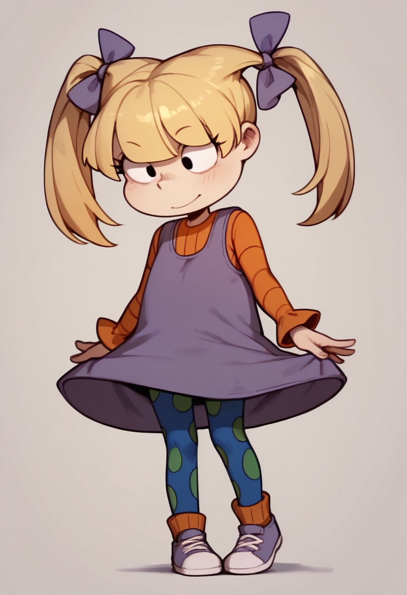 score_9, score_8_up, score_7_up BREAK AngelicaP, 1girl, blonde hair, black eyes, pigtails, purple bows, sleeveless purple dress, orange longsleeved shirt, blue green polka dot leggings, orange socks, purple white shoes, full body, cartoon, source_cartoon,