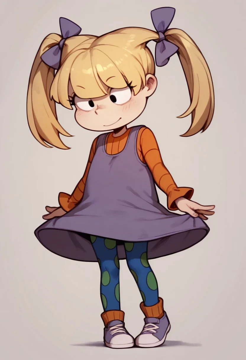 score_9, score_8_up, score_7_up BREAK AngelicaP, 1girl, blonde hair, black eyes, pigtails, purple bows, sleeveless purple dress, orange longsleeved shirt, blue green polka dot leggings, orange socks, purple white shoes, full body, cartoon, source_cartoon,
