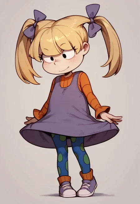 score_9, score_8_up, score_7_up BREAK AngelicaP, 1girl, blonde hair, black eyes, pigtails, purple bows, sleeveless purple dress, orange longsleeved shirt, blue green polka dot leggings, orange socks, purple white shoes, full body, cartoon, source_cartoon,