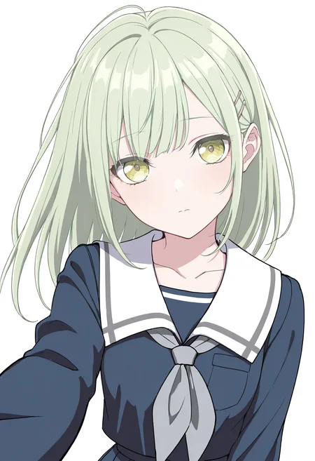 best quality,masterpiece,highres, wakaba mutsumi, 1girl, solo, white sailor collar, serafuku, blue shirt, blue skirt, looking at viewer, grey neckerchief, <lora:wakaba_mutsumi_IlluXL:1>, yellow eyes, hairclip, looking at viewer, white background, <lora:yoneyamaiXL_illu_lokr:0.6>,, best quality, masterpiece,highres, very aesthetic,absurdres,