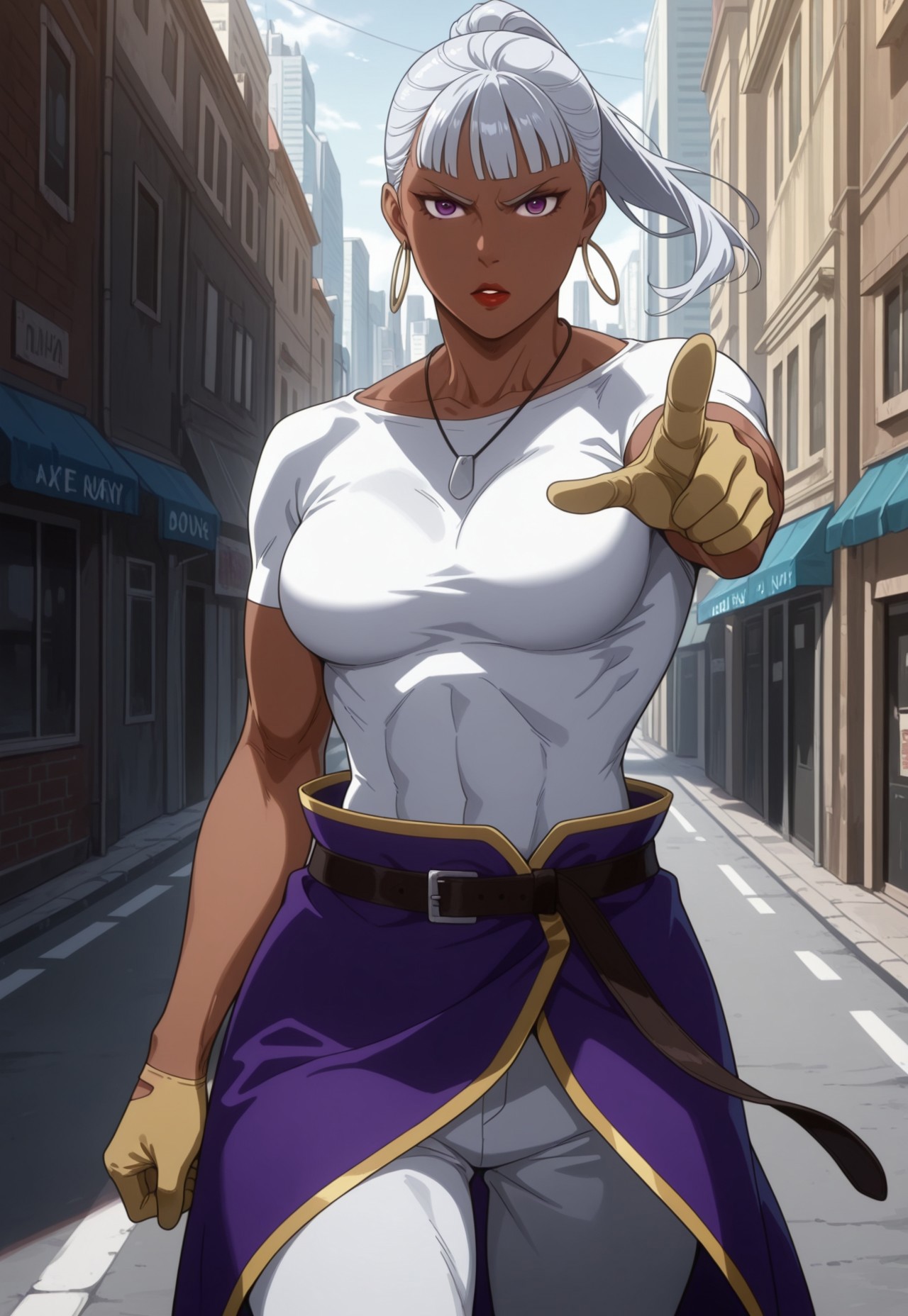 masterpiece, best quality, detailed, realistic, cowboy shot, serious, parted lips, 1girl, solo, Drsala, dark-skinned female, white hair, bangs, ponytail, purple eyes, muscular female, breasts, lipstick, shirt, waist cape, pants, gloves, hoop earrings, necklace, pointing at viewer, city street,
