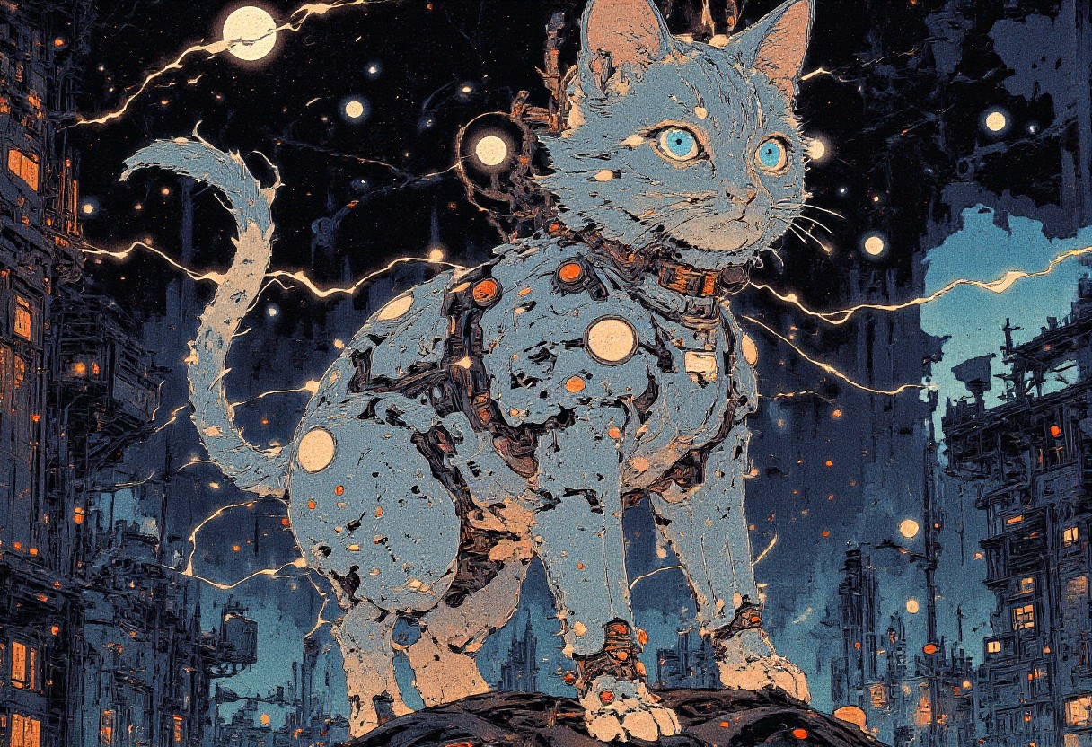 A whimsical celestial kitten floating gracefully in a sea of dark space, its ethereal form constructed entirely of glowing numerical digits. The kitten's body is a dynamic swirl of ones, twos, and threes, curling and looping to create a sense of soft, plush fur. Its eyes, twin orbs of zeroes, gleam with a playful intelligence, reflecting the distant stars scattered across the cosmic backdrop. A tail of alternating digits—fives and nines—waves behind it, trailing off into infinity. The creature's paws are delicately crafted from fours and sixes, with digits extending into tiny claws that appear ready to navigate the numerical cosmos. Suspended around its neck is a collar made of alternating eight and two figures, which, when combined, create an infinity symbol. As the kitten reaches out with its digit-laden paw, the viewer can almost feel the warmth of its touch. The background is a mesmerizing tapestry of galaxies, nebulae, and swirling cosmic dust, with the occasional numbered star twinkling in the vast expanse. The overall effect is one of playful curiosity and boundless potential, as this feline embodiment of numerical wonder explores the infinite realms of the universe.
<lora:Anime v1.3:1.2> <lora:Blue_Future:0.9> <lora:Ethereal_Brush_Anime_v1.0:0.6> <lora:It's a LoRA for portraits, BUT! actually specialized in backgrounds. v1.0:0.2>