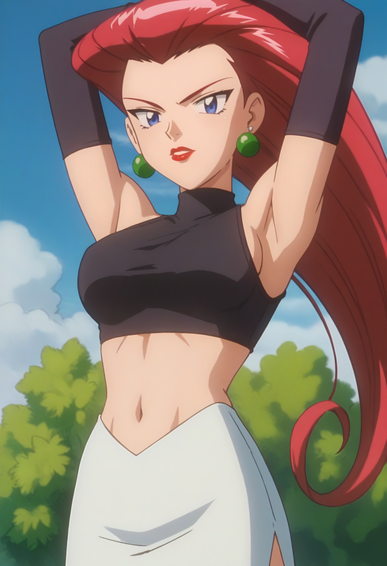 score_9, score_8_up, score_7_up, score_6_up, anime screencap, anime coloring, <lora:PMJessie_epoch_7:0.8>, PMJessie, red hair, long hair, earrings, blue eyes, red lips, breasts, 
black sports bra, sleeveless, elbow gloves, black gloves, navel, midriff, miniskirt, white skirt, black thighhighs, thigh boots,
arms up, standing, upper body, looking at viewer, 
BREAK blue sky, sunlight,