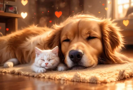 Create a highly detailed digital painting depicting two small animals. A large dog is sleeping soundly on the cozy floor while a smaller cat has nestled itself against the dog, purring and closing it's eyes.
The background is slightly blurred, emphasizing the depth of field, dreaming fantasy, wonderworld, close up, breathtaking, 3d, award winning, a masterpiece, lens flare, pixel art, valentines day, romance, hearts, heart symbolism