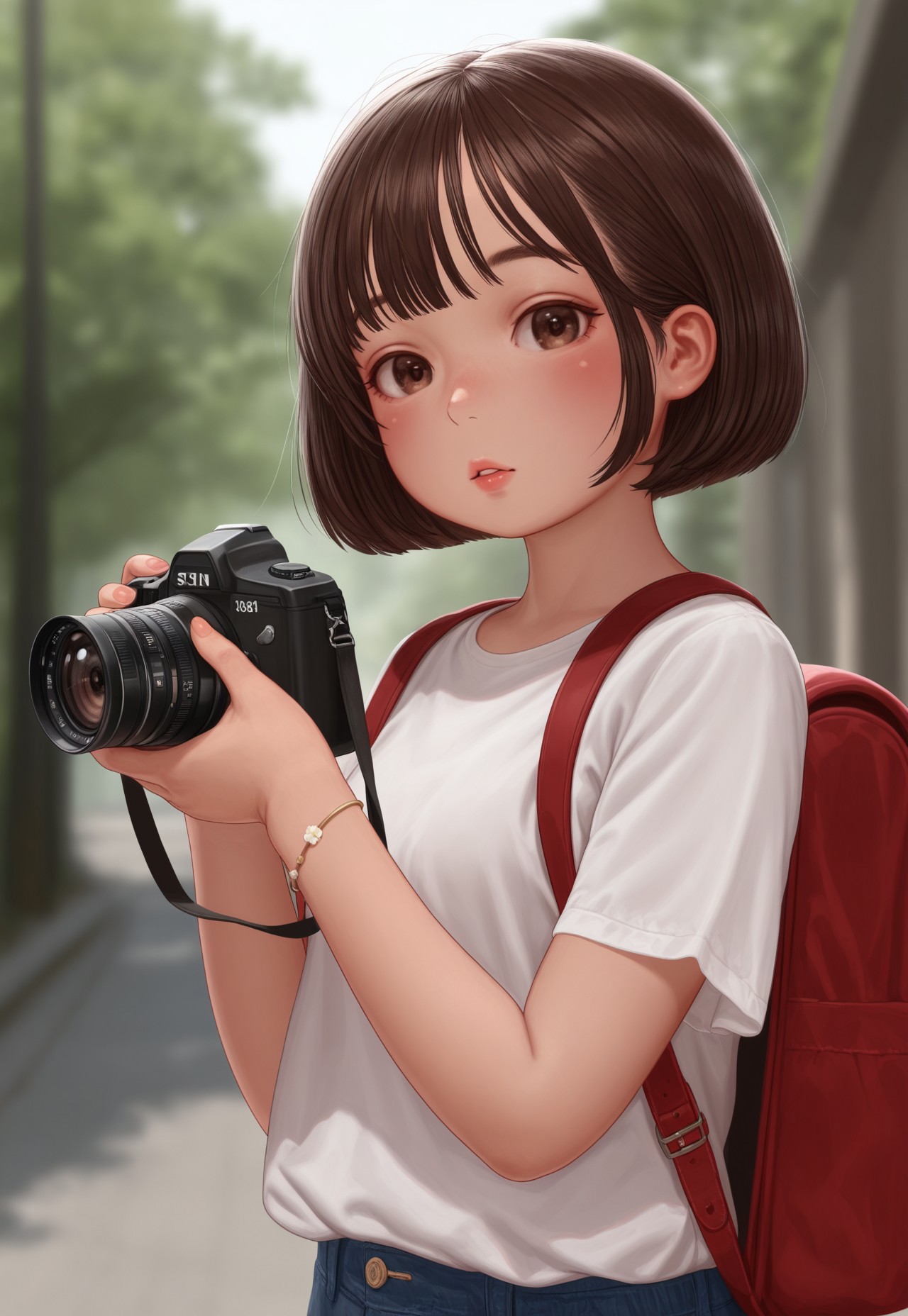masterpiece, best quality, solo, 1girl, solo, looking_at_viewer, short_hair, shirt, brown_hair, holding, jewelry, brown_eyes, white_shirt, upper_body, short_sleeves, outdoors, parted_lips, bag, blurry, bracelet, lips, blurry_background, depth_of_field, bob_cut, backpack, camera, holding_camera,S1ON3TYLE