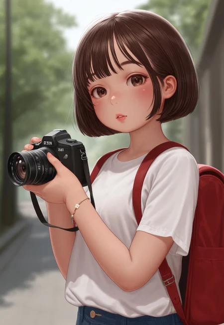 masterpiece, best quality, solo, 1girl, solo, looking_at_viewer, short_hair, shirt, brown_hair, holding, jewelry, brown_eyes, white_shirt, upper_body, short_sleeves, outdoors, parted_lips, bag, blurry, bracelet, lips, blurry_background, depth_of_field, bob_cut, backpack, camera, holding_camera,S1ON3TYLE