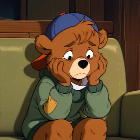 masterpiece, best quality, amazing quality, k1tcl0ud, male, furry male, solo, young, bear, brown fur, short hair, black eyes, black nose, tan muzzle, claws, short, blue and red cap, white collar, green sweater, yellow patch, sitting on couch, sad, hands on face, indoors, living room