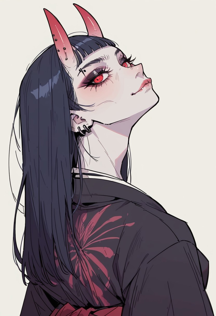 score_9, score_8_up, score_7_up, detail1eye, 1 character, solo, solo focus, cowboy-shot, BREAK, (((1 girl, asian, asian woman, asian female, japanese clothing, hands on hips, kimono, red eyes, goth, goth girl, demon girl, horns, smug, white skin, white colored skin, hime, hime cut, long hair))
