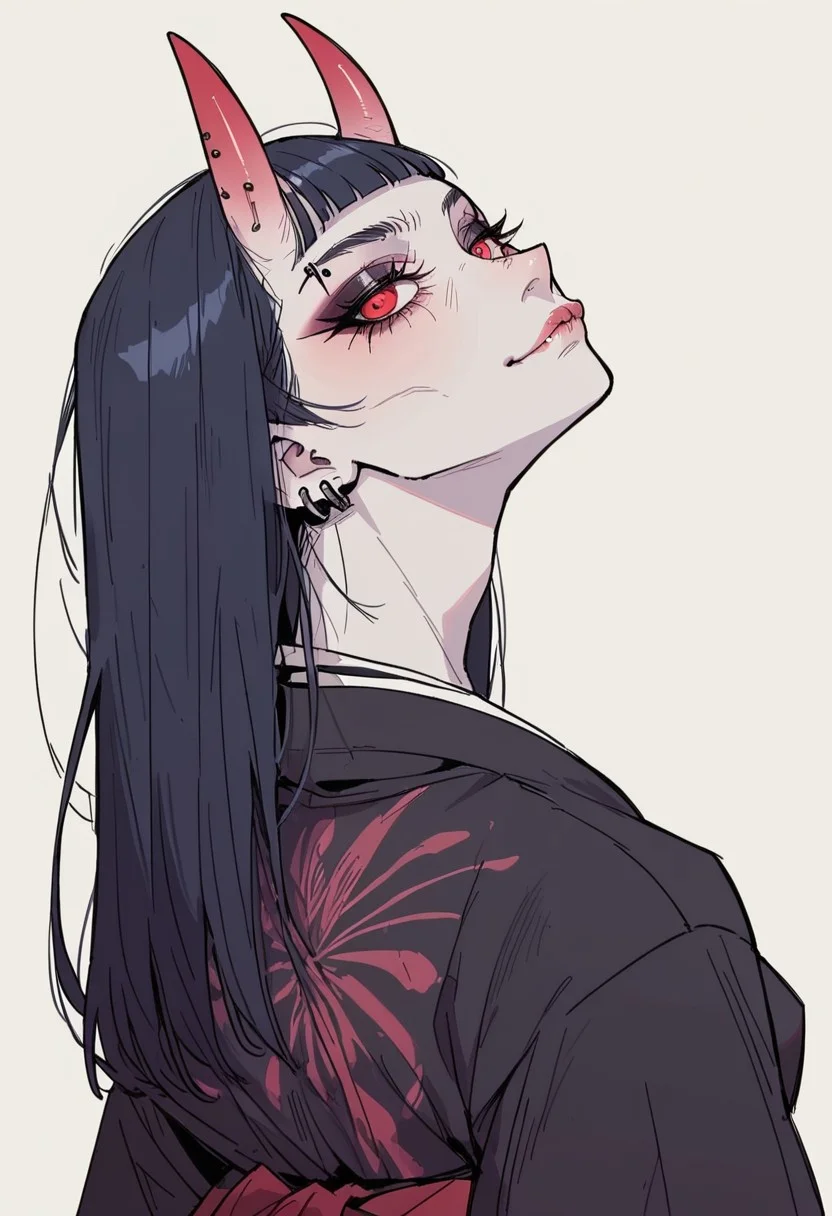 score_9, score_8_up, score_7_up, detail1eye, 1 character, solo, solo focus, cowboy-shot, BREAK, (((1 girl, asian, asian woman, asian female, japanese clothing, hands on hips, kimono, red eyes, goth, goth girl, demon girl, horns, smug, white skin, white colored skin, hime, hime cut, long hair))