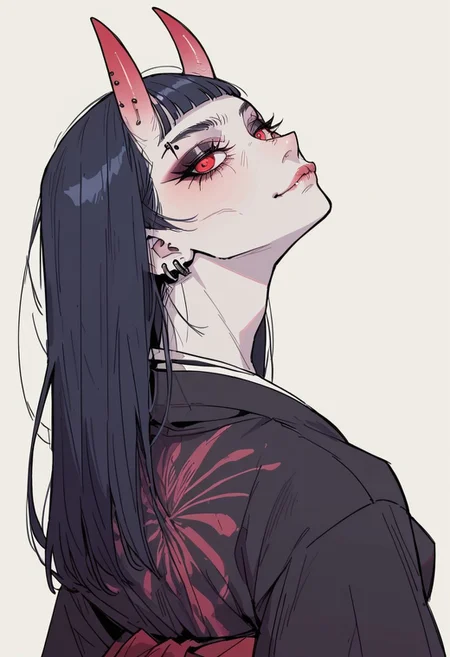 score_9, score_8_up, score_7_up, detail1eye, 1 character, solo, solo focus, cowboy-shot, BREAK, (((1 girl, asian, asian woman, asian female, japanese clothing, hands on hips, kimono, red eyes, goth, goth girl, demon girl, horns, smug, white skin, white colored skin, hime, hime cut, long hair))