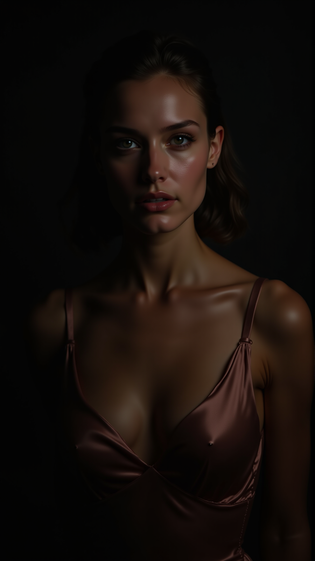 <lora:Sinematic Realism_1 :1>
dramatic fashion portrait of a model in a silk gown, intense gaze, smoky background, chiaroscuro lighting, subtle color grading, semi-realistic texture, eyes sharp and emotional, sinematic realism