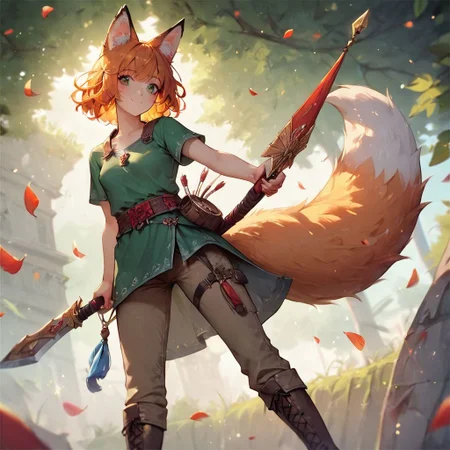 (score_9), (score_8_up), (score_7_up), (score_6_up), (score_5_up), (score_4_up), (masterpiece), best quality, detailed eyes, female, small breasts, petite, fox ears, fox tail, orange hair, green tunic, brown pants, brown boots, leather armor,
