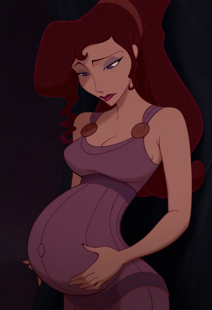 1girl, masterpiece, best quality, amazing quality, absurdres, <lora:Megara__Illustrious:1> m3g4r4, megara (hercules disney), long hair, tied hair, brown hair, purple eyes, purple Greek dress, cleavage, sexy makeup, lipstick, pregnant, motherly, maternal, looking down at her tummy,