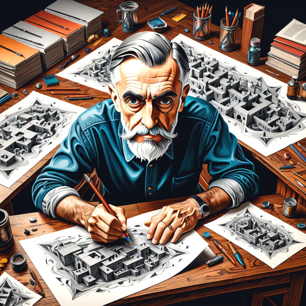 "M.C. Escher pen and ink spilling on desk paper in the shape of M.C. Escher likeness in old artist studio."
"detailed matte painting, deep color, fantastical, intricate detail, splash screen, complementary colors, fantasy concept art, 8k resolution trending on Artstation Unreal Engine 5"
