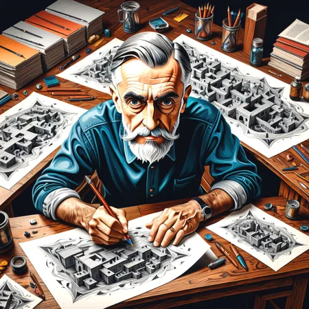 "M.C. Escher pen and ink spilling on desk paper in the shape of M.C. Escher likeness in old artist studio."
"detailed matte painting, deep color, fantastical, intricate detail, splash screen, complementary colors, fantasy concept art, 8k resolution trending on Artstation Unreal Engine 5"