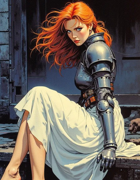 Frank Frazetta fantasy oil painting with 90s retro futuristic anime elements without noise or comic halftone effect. The subject is a beautiful woman with bright red hair blowing in the wind and blue eyes. Her face showing a serious expression. The stark white gossamer dress, midi skirt. Full body shot. Sitting. Bare feet, no shoes. Her body is slender and athletic. Her body is slender and pale. she wears a futuristic knights breastplate over her dress, ((cybernetic implants in hands)). The background is a detailed dark street. The composition and the poses are dynamic. The composition is dominated by cool tones, with a muted, slightly gritty texture that enhances the gritty, medieval  fantasy futuristic atmosphere. She has freckles. She has long ginger hair in a messy ponytail. She has tired eyes. <lora:RetroAnimeFluxV1:0.8>, <lora:frazetta_flux_v2:0.4>