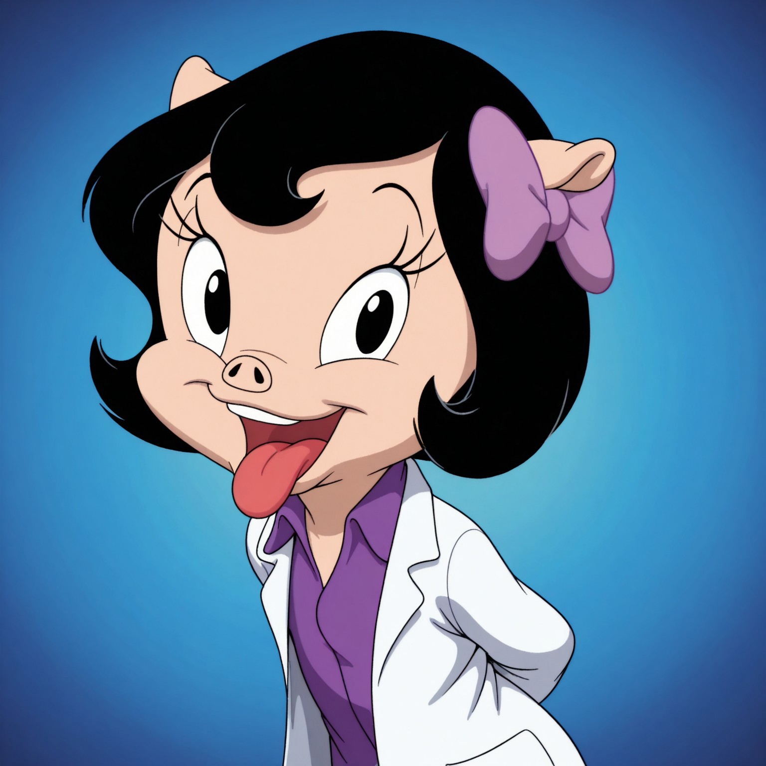 masterpiece, best quality, highly detailed, realistic, 1girl, solo, PetuniaLTM, furry, anthro, suine, flat chested, black eyes, black hair, short hair, tan skin, purple hair bow, white labcoat, purple shirt, open collar, upper body, smile, open mouth, tongue, looking at viewer, standing, laboratory, vials, blue room, front view, detailed background, (hands behind back), head tilt, (no teeth)