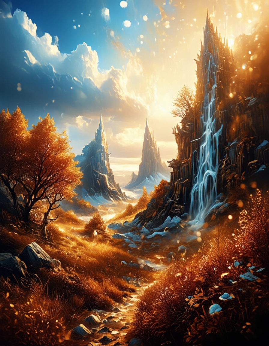<lora:Medieval_Worlds_Scenery01cflux:1> mwl01, scenery, vegetation, brown, bokeh, sea, fantasy, frozen walls, natural skylight, gold,