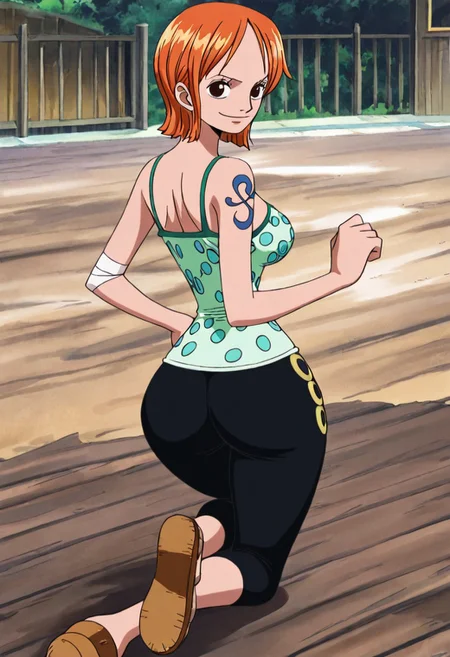 score_9, score_8_up, score_7_up, ultra quality, solo, 1girl, arlong_park,nami (one piece), orange hair, short hair, brown eyes, breasts, shoulder tattoo, green camisole, dot print, capri pants, black pants, sandals, bandages, smile, butt focus, big hips, big butt, bubble butt, curvy, narrow waist, kneeling, looking to the viewer, close up, screencap