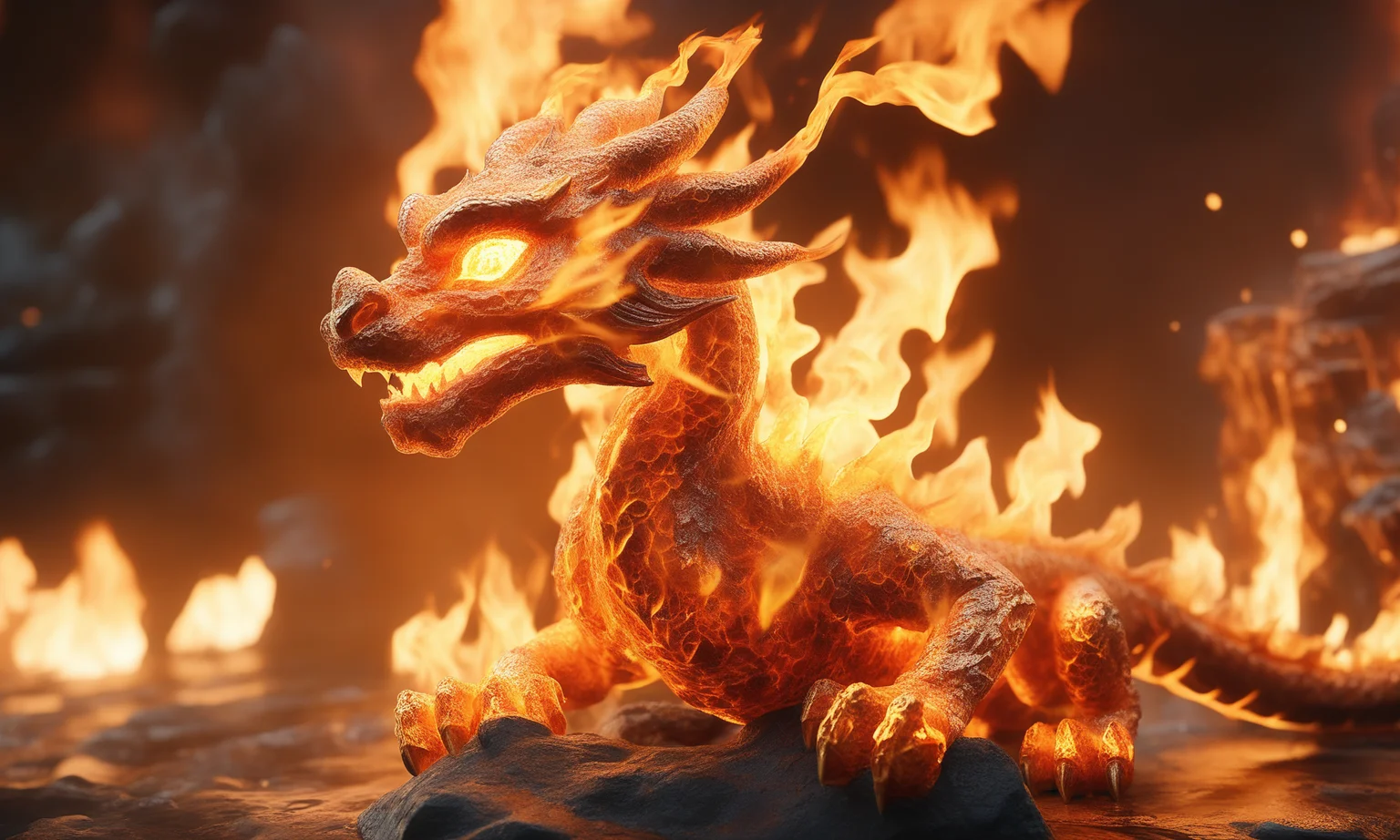 <lora:firecd_xl-000017:0.6>,a transparent fire elemental chinese dragon made of (firecd_xl,raging flames:1.2,burning) in hell,fire eyes,fire hairs,fire body,splash fire,no humans,long-focus,tilt-shift,outdoors,on molten rock,full body,chinese zodiac,cutie,cute,still life,front view,facing viewer,looking at viewer,ethereal fantasy concept art,magnificent,epic,majestic,magical, emotional,harmonious,high budget,moody,epic,gorgeous,perfect lighting,realistic,photorealistic,photographic,photo (medium),real,moody lighting,volumetric lighting,reality ray tracing,8K,HDR,UHD,masterpiece,best quality,highly detailed,high resolution,finely detail,extremely detailed,ultra detailed,wallpaper