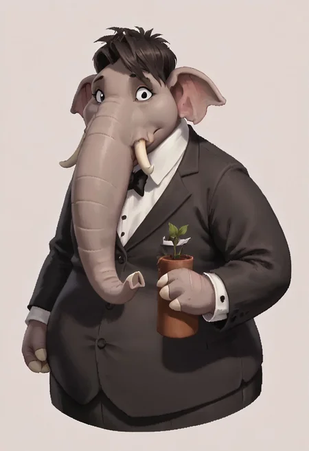 score_8_up, BREAK, Woolie, solo, female, anthro, black eyes, elephant ears,<lora:Woolie_PXL_Leaf1:0.8>, (anthro female elephant:1.2), elephant_cow, grey skin, obese, flat chest, slimegirlsfw, slimegirlsupremacy, wearing a tuxedo,