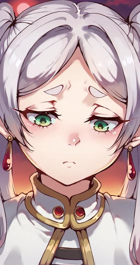 score_9,score_8_up,score_7_up,score_6_up,score_5_up,score_4_up,<lora:aesthetic_witchy:0.3>,witchyaesthetic,blurry background, eyes, sad, source_suggestive, red moon, portrait, looking down, <lora:conoghi_xl:0.8>,conoghi_style, <lora:sfrieren_ponyxl_1:0.6>,sfrieren,green eyes,solo,1girl,cute,twintails,white capelet, striped top,