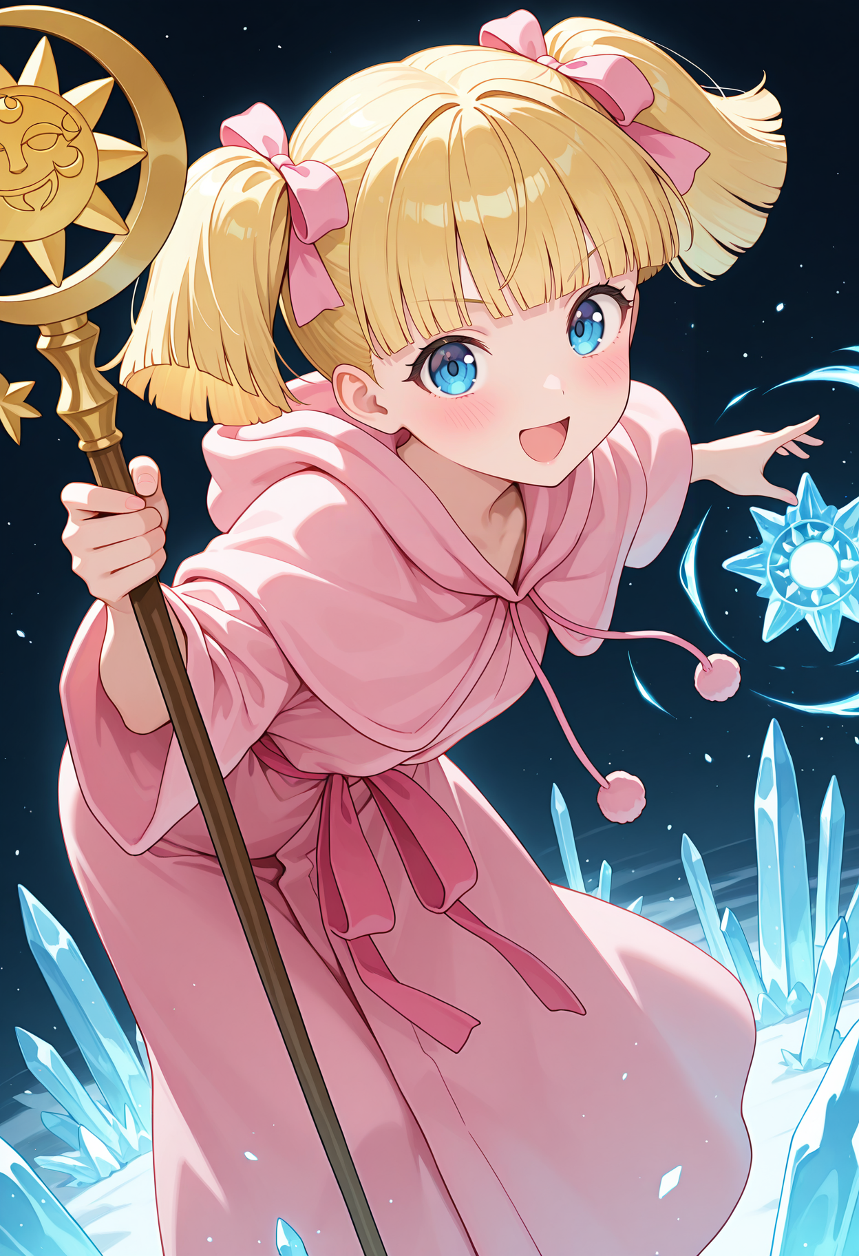 highres, best quality, masterpiece, magic, ice, light particles,
1girl, solo, rurupom, short twintails, blonde hair, blue eyes, blunt bangs, pink ribbon, hair ribbon,
hood, pink robe,
holding staff, sun symbol, crescent,
looking at viewer, blush, smile, open mouth,
leaning forward, dynamic pose, action pose, serious,
<lora:_ruru_comupom-elesico-ilxlE:1>