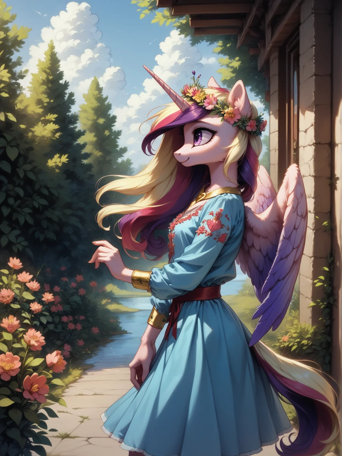 score_9, score_8_up, score_7_up, score_6_up, (realistic illustration:1.2), 1girl, solo, (Princess Cadance:1.2) \(mlp\), (anthro pony:1.1), tail, medium breast, blue dress, red belt, cute, (flower crown:1.2), unicorn horn, (big feathered wings:1.1),
spring, flowering trees, outside, walking, wind, (side view:1.3),
<lora:Ukrainian_embroidered_shirt:1> Vyshyvanka, Ukrainian embroidered shirt, embroidered shirt, <lora:Anime Summer Days 2 Style SDXL_LoRA_Pony Diffusion V6 XL:0.5> <lora:Realistic000003_1_2.5DAnime_0.05_Merge1:0.5> <lora:MegaFluffyPony:0.5> MegaFluffyPony, furry, fluffy