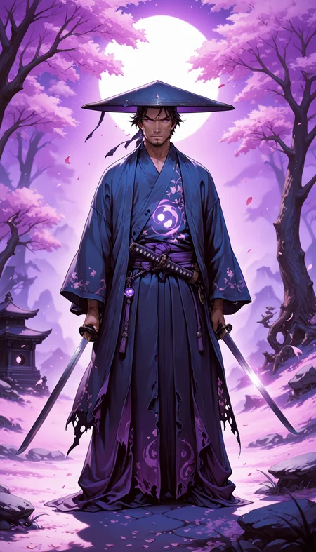 masterpiece, best quality, good quality, very aesthetic, absurdres, newest, 8K, depth of field, focused subject,   Create a vivid, dark fantasy artwork featuring a cloaked figure with a wide-brimmed hat, wielding a glowing purple sword. The figure's attire is intricately detailed, with ornate patterns and a flowing robe that billows in the wind. The sword emits a radiant purple light, contrasting with the deep blue and purple hues of the surroundings. The background is a mystical forest with a large, luminous moon, casting a soft glow over the scene. Petals, possibly cherry blossoms, float around, adding to the ethereal ambiance. The overall style is reminiscent of epic fantasy illustrations, with a focus on dramatic lighting and shadow play. solo, 1boy, hat, holding, standing, male_focus, weapon, outdoors, japanese_clothes, sword, holding_weapon, torn_clothes, night, glowing, holding_sword, moon, katana, full_moon, glowing_weapon, glowing_sword,