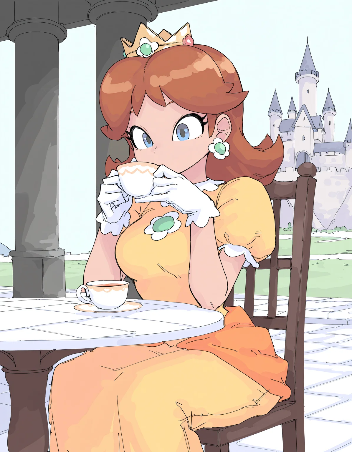 (masterpiece), (incredibly absurdres), best quality, <lora:Mocaht8-IL-V1_Aeromoia-000014:1>, moch8, 1girl, princess daisy, tiara, dress, solo, medium breasts, sitting, chair, tea, cup, drinking, elegant, table, soft lighting, outdoors, castle, patio, day