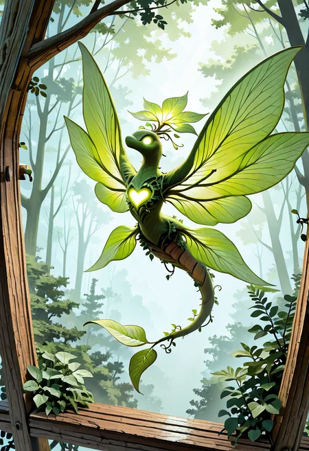 masterpiece, best quality, no humans, ,<lora:BioCopter_IXL:0.8>, BioCopter, vine-covered body, organic wings, glowing green foliage, plant-based rotors, wooden frame, forest canopy, hovering pose, soft sunlight, ethereal atmosphere â In the heart of an ancient forest, the BioCopter hovers effortlessly above the vibrant canopy, its organic wings unfurling like leaves catching the wind. The vine-covered body pulses with life, glowing green foliage wrapping around the wooden frame, while the plant-based rotors spin with natural grace. Soft sunlight filters through the dense treetops, casting dappled light across its flowing forms. The air is fresh with the scent of nature, and the BioCopter moves as though it is one with the forest, blending seamlessly into the lush, ethereal atmosphere of the wilderness.