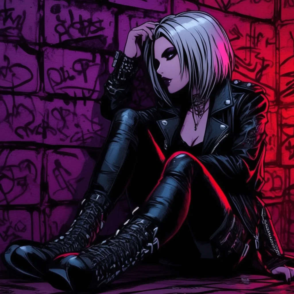 Gothic style <lora:Gothicanimegirls:1> A dark fantasy woman with flowing silver hair and a spiked leather jacket is leaning casually against a graffitied wall backstage at a rock concert. The dim lighting is a mix of moody purples and reds, with shadows casting dramatic patterns. The shot is from a low angle, emphasizing her dominance and confidence, with a guitar resting against her knee. Ultra detailed textures and colores, highly vibrant image. . Dark, mysterious, haunting, dramatic, ornate, detailed