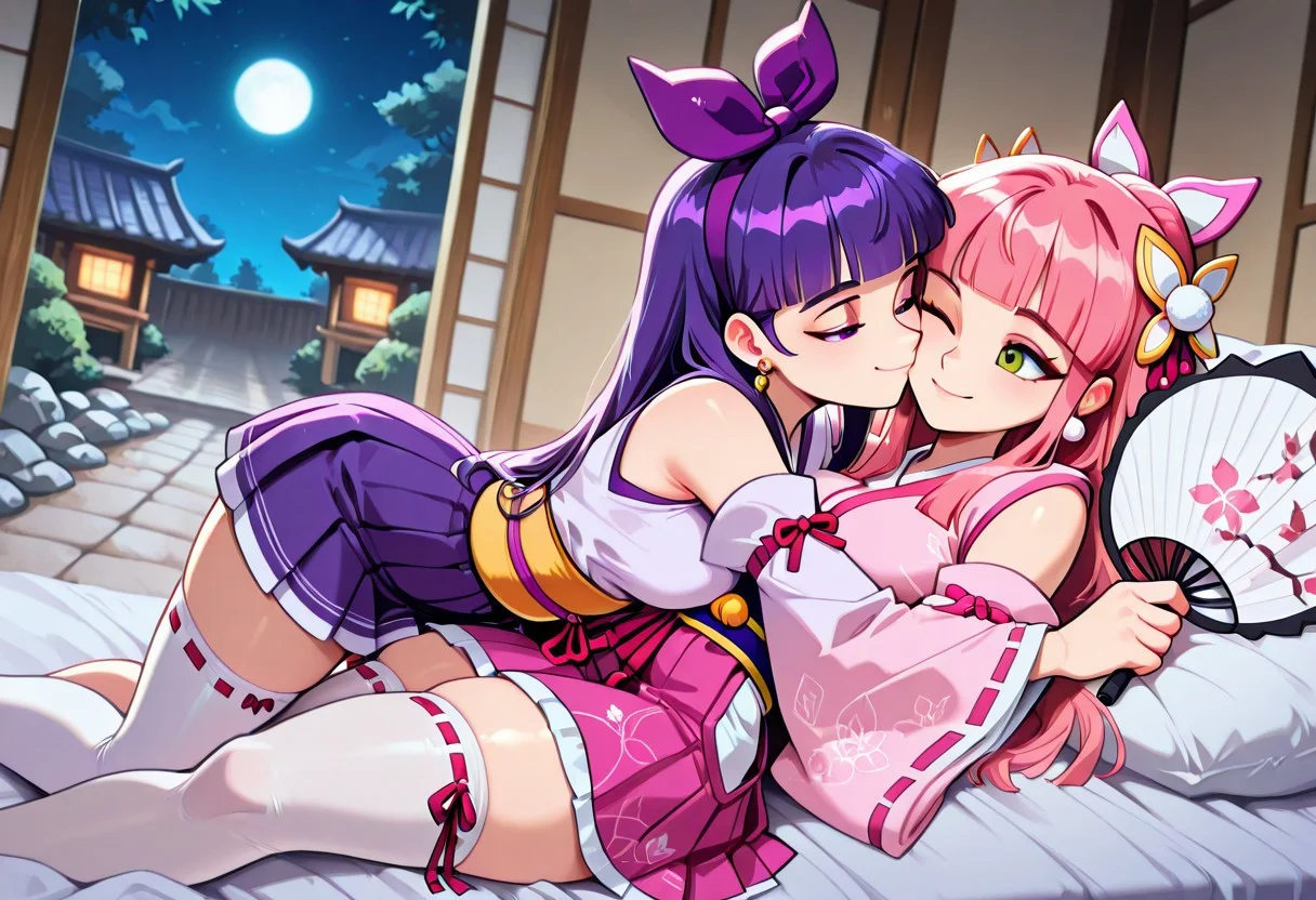 best quality, absurdres, anime screenshot, aijalon, atomickingboo style,
east asian architecture, indoors, futon, garden, rock garden, night,
2girls, multiple girls, yuri, kiss, hug,
sakuno_hime,pink hair,long hair,blunt bangs,green eyes,hair bow,japanese clothes,(hakama:1.1),purple kimono,pink kimono,wide sleeves,pom pom (clothes),long sleeves,hair ornament,bow,
ayanokouji_kanna,purple hair,long hair,blunt bangs,hairband,bow,purple eyes,thighhighs,japanese clothes,skirt,obi,ribbon trim,detached sleeves,ribbon-trimmed legwear,earrings,kimono,sash,white kimono,wide sleeves,pleated skirt,ribbon-trimmed sleeves, hand fan,holding fan,
dutch angle,dynamic pose, one eye closed, smile,