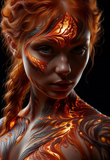 Close-up face, mysterious silhouette of a ginger woman ral-lava clothing, backlit, alluring goddess, by Minjae Lee, Carne Griffiths, Emily Kell, Steve McCurry, Geoffroy Thoorens, Aaron Horkey, Jordan Grimmer, Greg Rutkowski, amazing depth, double exposure, surreal, geometric patterns, intricately detailed, bokeh, perfect balanced, deep fine borders, artistic photorealism , smooth, great masterwork by Suiras <lora:add-detail-xl:2> <lora:Double_Exposure:0.5>