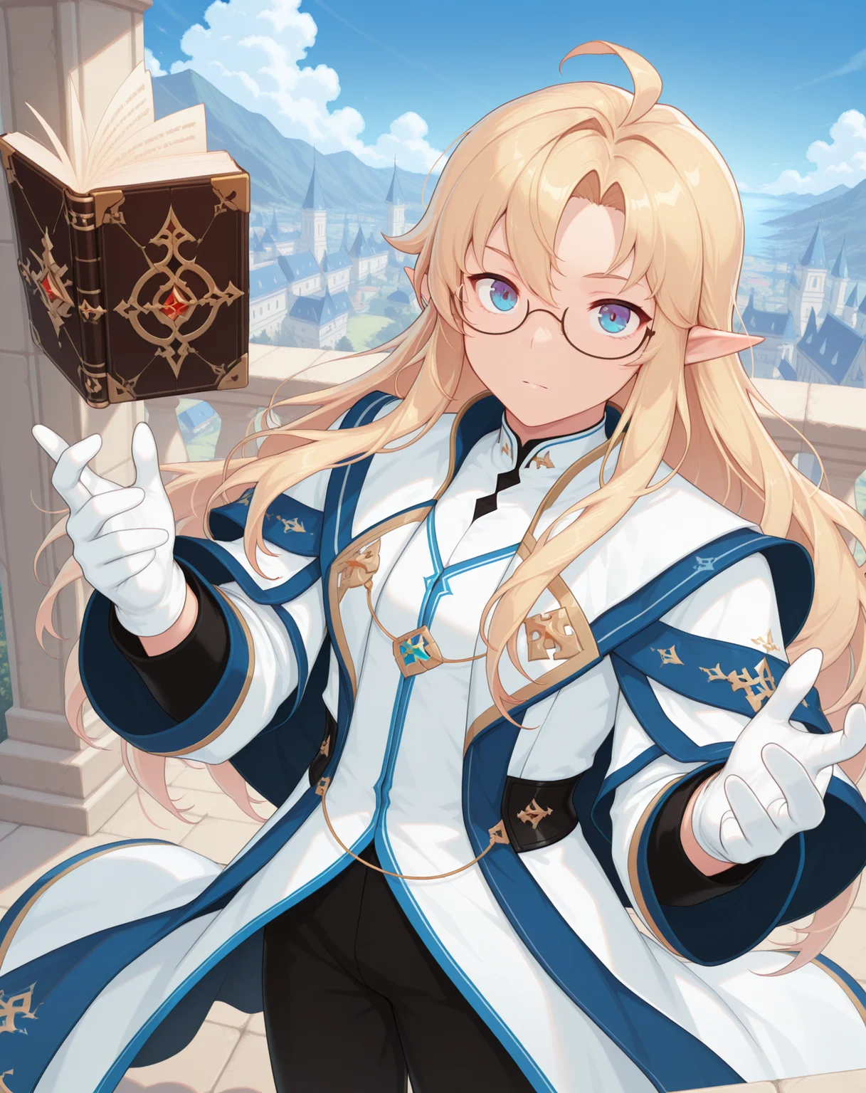 masterpiece, amazing quality, best quality, absurdres, very aesthetic,
1boy, solo, yaoi, male focus, cowboy shot, upper body, looking at viewer, face focus,
<lora:Grandiel_Default_ilxl:1> grandieldefault, pointy ears, blonde hair, long hair, glasses,blue eyes, ahoge, elf, semi-rimless eyewear, hair between eyes, parted bangs,
white gloves, white coat, long sleeves, robe, blue coat,white jacket, shirt, sleeve cuffs, layered clothes,
shoes, grey footwear, black pants, white footwear,
floating book, floating object, open book,
outdoors, day, blue sky,