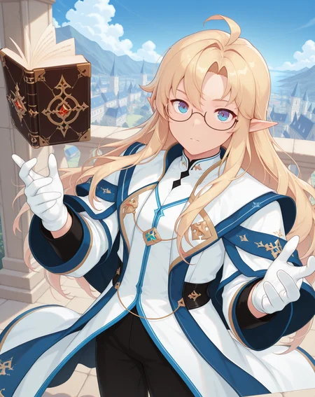 masterpiece, amazing quality, best quality, absurdres, very aesthetic,
1boy, solo, yaoi, male focus, cowboy shot, upper body, looking at viewer, face focus,
<lora:Grandiel_Default_ilxl:1> grandieldefault, pointy ears, blonde hair, long hair, glasses,blue eyes, ahoge, elf, semi-rimless eyewear, hair between eyes, parted bangs,
white gloves, white coat, long sleeves, robe, blue coat,white jacket, shirt, sleeve cuffs, layered clothes,
shoes, grey footwear, black pants, white footwear,
floating book, floating object, open book,
outdoors, day, blue sky,