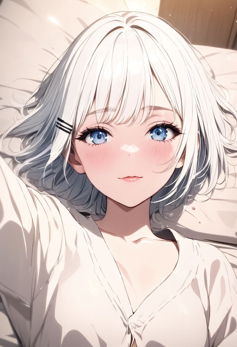 ((eye catching,eyelashes:1)) White hair, short hair, blue eyes, (xhairclip hairclip:1)), gorgeous lips, cinematic, (masterpiece), (best quality), (ultra-detailed), very aesthetic, illustration, perfect composition, intricate details, absurdres, detailed face, (masterpiece), (best quality, hires textures, high detail:1.1), (4k),(incredibly detailed:1.2),
school uniform, ponytail, small breasts,
smile on face, looking up, closed mouth, lying on bed,
beautiful sky,strong wind blowing, light particles, lens flare,
from above head, from distance,