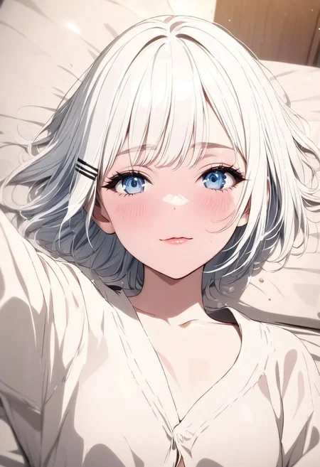 ((eye catching,eyelashes:1)) White hair, short hair, blue eyes, (xhairclip hairclip:1)), gorgeous lips, cinematic, (masterpiece), (best quality), (ultra-detailed), very aesthetic, illustration, perfect composition, intricate details, absurdres, detailed face, (masterpiece), (best quality, hires textures, high detail:1.1), (4k),(incredibly detailed:1.2),
school uniform, ponytail, small breasts,
smile on face, looking up, closed mouth, lying on bed,
beautiful sky,strong wind blowing, light particles, lens flare,
from above head, from distance,