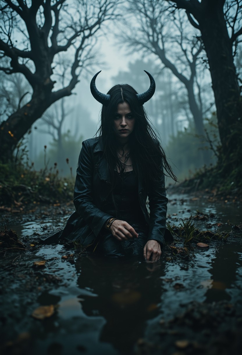 nistyle, ethdysty, an eerie dark cinematic still of an ghostly devil nymph amidst a swamp, desaturated light, moody fog, Upper Body Shot, Closeup Portrait,