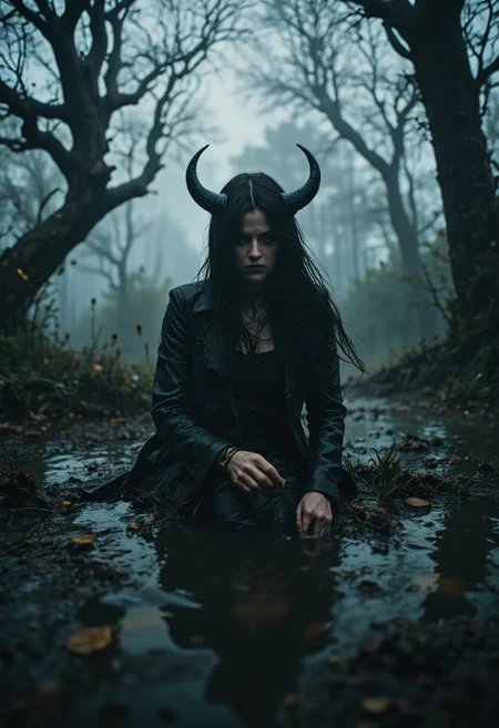 nistyle, ethdysty, an eerie dark cinematic still of an ghostly devil nymph amidst a swamp, desaturated light, moody fog, Upper Body Shot, Closeup Portrait,
